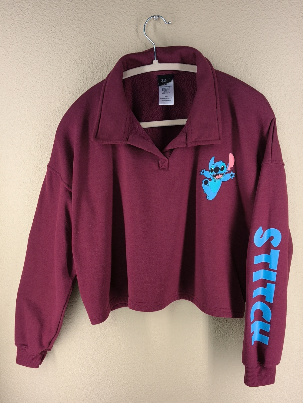 Disney STITCH Cropped Oversized Fleece Sweatshirt Maroon Spell Out Size X-Small